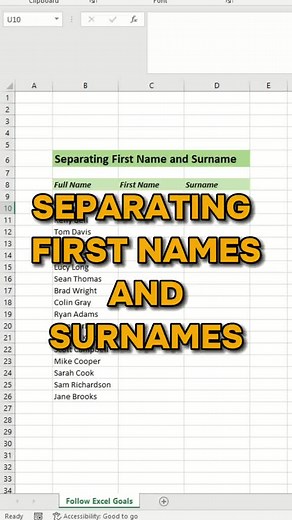 Separating first names and surnames in excel #excel #microsoftexcel #spreedsheet #exceltips #exceltricks #excellearning #microsoftlearning #excelshortcuts #fyp