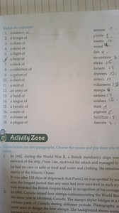 Match the columns :1. a nursery ofarrows2. a troupe ofplant... | Filo