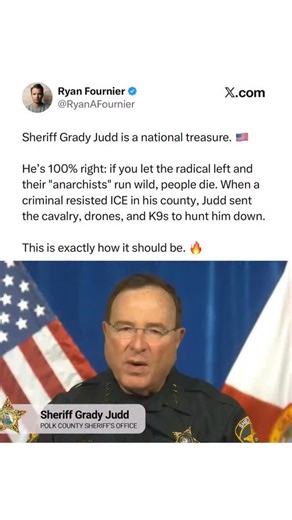 SHERIFF GRADY JUDD IS THE GOAT. 🐐🇺🇸 He just put the Radical Left on notice. When a criminal resisted ICE in his county, he didn’t sit around and wait—he sent the helicopter, the drones, the K9s, and 50 officers to hunt him down. If you let anarchists run wild, people die. If you enforce the law, you get results. It’s that simple. 🔥🔥🔥 | Ryan Fournier