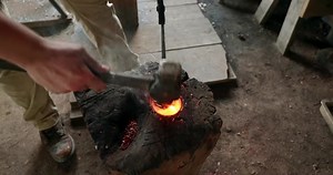 Using a block of wood as a swedge to help form the bowl of a tasting spoon. See the full video of making an 18th century style tasting spoon with Josh Rachita on YouTube here: https://youtu.be/JwB9Uvl1Lng . . #blacksmithing #blacksmith #18thcentury #18thcenturycooking #hearthcooking #handforging #handforgedspoon | Axe and Anvil Hand Works