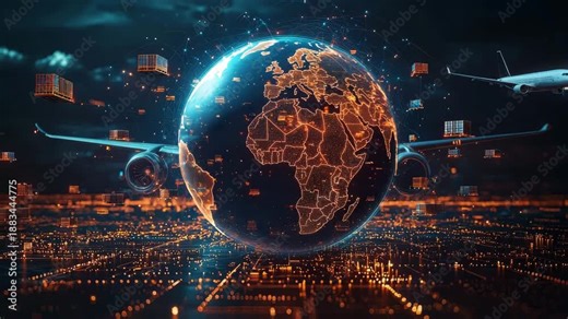 Global trade system shows shipping routes and air traffic over a glowing map of Africa and the world