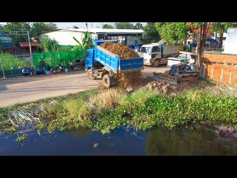 Process fill huge pond using expert driver dozer pouring Dirt with 5ton NISSAN trucks