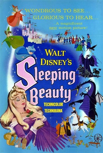 "Sleeping Beauty" is a American animated musical fantasy film produced by Walt Disney Productions and released by Buena Vista Film Distribution. Based on Charles Perrault's 1697 fairy tale, the film follows Princess Aurora, who was cursed by the evil fairy Maleficent to die from pricking her finger on the spindle of a spinning wheel on her 16th birthday. She is saved by three good fairies, who alter Aurora's curse so that she falls into a deep sleep and will be awakened by true love's kiss. The 