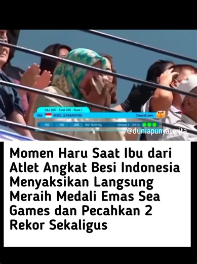 Rizki Juniansyah @rjuniansyah_ Weightlifting Kelas 79Kg SeaGames 2025, Selain mendapatkan emas Rizki juga memecahkan rekor Seagames dengan total angkatan 365Kg Momen membanggakan itu menjadi haru saat ibu dari Letda Rizki Juniansyah menyaksikan langsung sang pahlawan olahraga cabor angkat besi tersebut meraih emas.