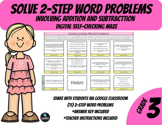 Self-Checking Digital Maze: Solve 2-Step Addition & Subtraction Word Problems