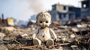 Damaged doll sitting amid rubble and debris in toxic urban area with dirt and broken surroundings, abandoned toy in devastated environment