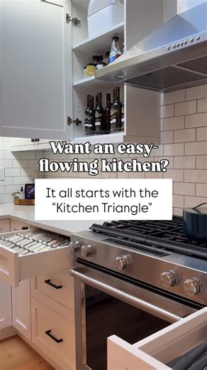 Every great meal starts in one place: The Kitchen Triangle. Sink. Stove. Fridge. I like to think of it as your command zone—the spot where every meal begins and ends, from chopping to cleanup! And what you keep in that space matters. ✅ Pots pans, knives, spices oils, utensils ❌ Serving platters, entertaining items, big appliances Keeping the triangle stocked with your most-used tools and ingredients will save you endless time and frustration! For me? You’ll always find @drizzleoliveoil oils and 
