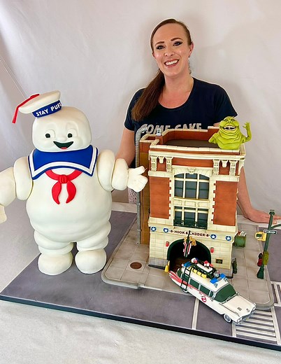 Ghostbusters Firehouse cake, with Stay Puft, Slimer cake topper and Ecto-1, all handmade from cake, fondant and sugar paste!! | Samantha Winter