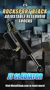 Featured Product: RockSport Black Adjustable Reservoir Shocks for the JT Gladiator. Custom engineered, meticulously designed and precision manufactured to bring you the absolute best ride on & off-road. Don't settle... choose the best... choose the Gold Standard! Learn More! https://vist.ly/3muufhs #metalcloak #cloakedrepublic #teammetalcloak | MetalCloak