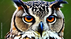 close-up of an owl's face with black-orange eyes staring at the front of the footage
