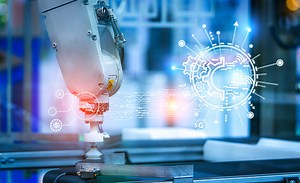 AI-powered robotic hand controls manufacturing processes in factory....