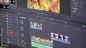 Professional video editing process for movie production with expert software to cut footage clips and mix sequences or color grading with cinematic effects and video and sound design in studio quality