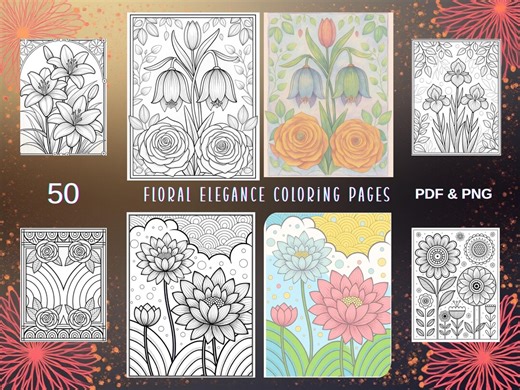 50 Floral Coloring Pages: Elegant Roses, Lilies, Irises (PDF & PNG) - Etsy Australia