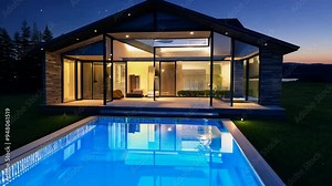 Stylish modern house exterior with pool and scenic views at twilight
