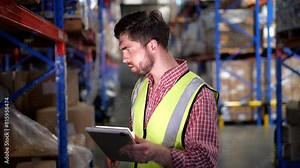 4k VIDEO slow motion of Caucasian warehouse worker wearing safety vests verify inventory control program stock in tablet. In line with the shelf identification labels in distribution center.