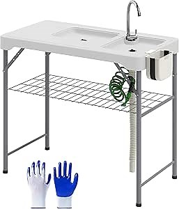 Outsunny Folding Fish Cleaning Table with Sinks, Portable Camping Sink Table with Faucet, Drainage Hose, Sprayer, Shelf, Drawer and Storage Basket, Outdoor Fillet Table for Picnic Beach Patio, White