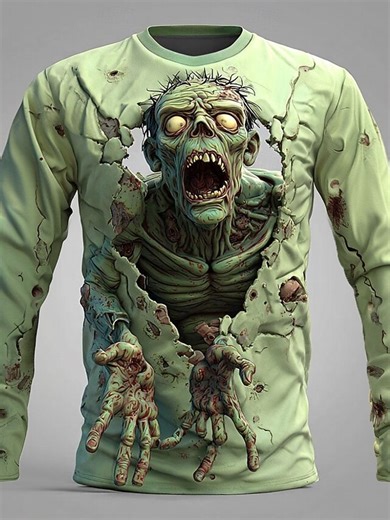Halloween Men's Zombies 3D T Shirt Long Sleeve T shirt 3D Print Crew Neck Shirt Fashion Exaggerated Street Casual Daily Blue Purple Green Summer Spring Fall Clothing Apparel S M L XL XXL XXXL 2025