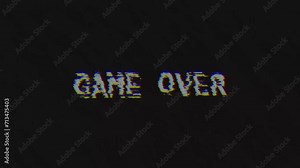 GAME OVER animation with isolated glitch effect on black and white background with noise effect. Video game screen. Retro Glitch GAME OVER. Cyberpunk GAME OVER text with RGB distortion effect.