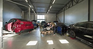 Mechanic working on a disassembled electric car engine inside a modern workshop. EV maintenance and repair in progress. EV repair concept. Auto Service, Electric vehicle engine maintenance
