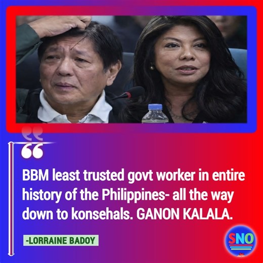 LORRAINE BADOY CLAIMS PRESIDENT MARCOS JR. IS LEAST TRUSTED GOVERNMENT OFFICIAL Former National Task Force to End Local Communist Armed Conflict spokesperson Lorraine Badoy delivered a scathing criticism against President Ferdinand Marcos Jr., also known as PBBM, claiming that he is the least trusted government official in Philippine history. In her statement, Badoy alleged that President Marcos Jr.’s trust rating is not only low compared to past presidents, but allegedly worse than all governme