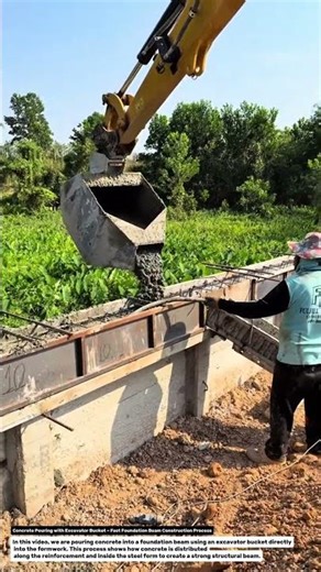 Concrete Pouring with Excavator Bucket – Fast Foundation Beam Construction Process.