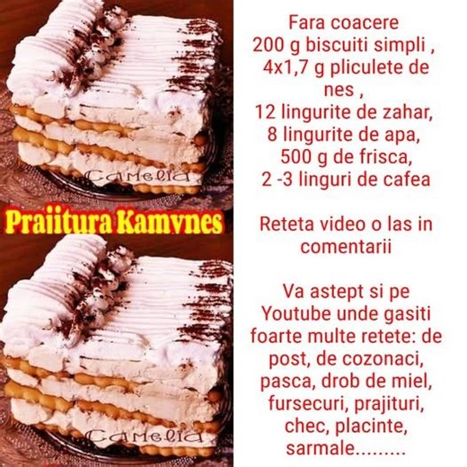 Va astept si pe Youtube unde gasiti foarte multe retete! Zi frumoasa su multa sanatate! ❤ https://www.youtube.com/@CameliaChiraKammellia/videos Fara coacere - 200 g biscuiti simpli , 4x1,7 g pliculete de nes , 12 lingurite de zahar, 8 lingurite de apa, 500 g de frisca, 2 -3 linguri de cafea #Youtube #youtube #retete #prajitura #prajituri #prajituridecasa | Prajituri si Bucate gustoase cu Kammellia
