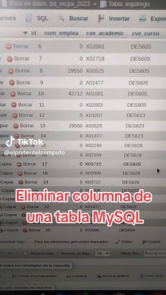 Eliminar columna de una tabla #mysql #mysqldatabase #sql #basesdedatos