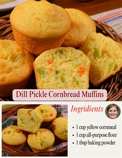 Dill Pickle Cornbread Muffins 🧁🥒 🛒 Ingredients 1 cup yellow cornmeal 1 cup all-purpose flour 1 tbsp baking powder ½ tsp baking soda ½ tsp salt 2 tbsp sugar (optional, for a sweet contrast) 2 large eggs 1 cup buttermilk ¼ cup melted butter ½ cup chopped dill pickles 1–2 tbsp pickle juice ¼ cup chopped fresh dill (or 1 tbsp dried dill) 👩‍🍳 Instructions 1️⃣ Preheat & prep: Heat your oven to 375°F (190°C) and grease or line a muffin tin with paper liners. 2️⃣ Mix dry ingredients: In a large bow