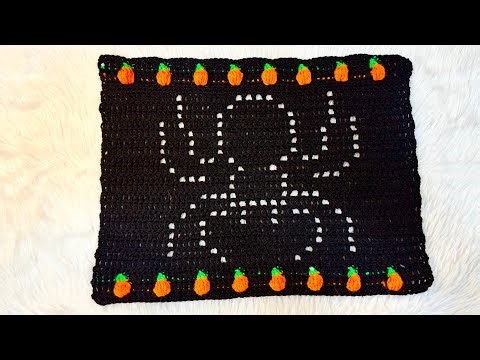 Crochet Halloween Spider Placemat with Pumpkins Border Filet Tutorial