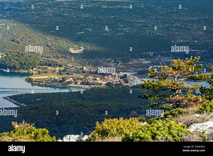 Photo taken on Jan. 12, 2021 show Osorscica mountain , Losinj Island, Croatia. Osorscica mountain spreads along the northern part of the island of Losinj from Cunski to Osor, and it is about 20 kilometres long. It is the first mountain on the islands of Adriatic to have attracted visitors, heir to the Austro-Hungarian throne Rudolf Habsburg was surely one of the first, having climbed Osorscica in 1887. Osorscica is well-known for many caves and the most famous are St. Gaudentius' cave, located b