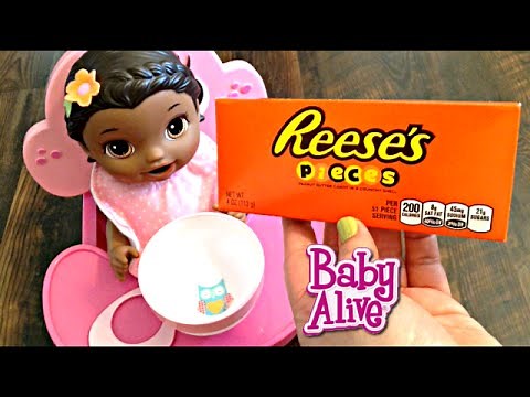 Baby Alive Super Snackin' Lily Doll eats Reese's Pieces Candy for a Snack!