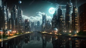 Futuristic City With River, A Vision of Urban Advanced Civilization, Futuristic city depicted at night in a 3D rendering, created through computer digital drawing, AI Generated