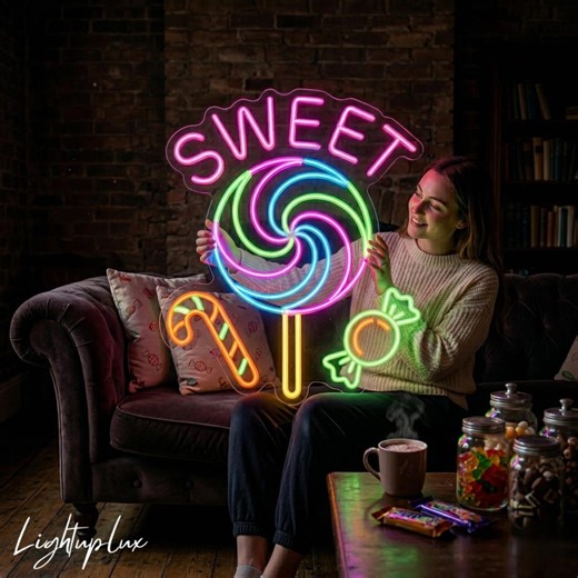 Sweet Shop Neon Sign, Candy Lollipop LED Wall Art for Candy Store or Dessert Shop Decor, Colorful Sugar Light
