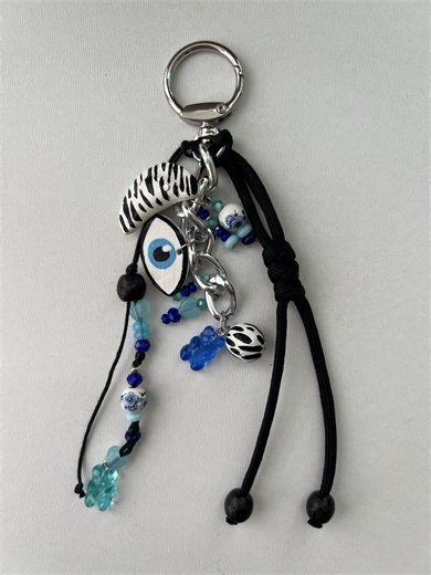 Blue Eye Keychain – Black & White Beaded Bag Charm, Handmade Accessory - Etsy