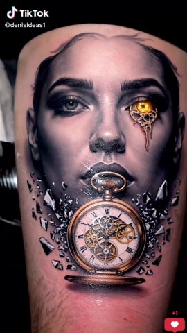 Realistic Tattoo Designs: Face and Watch Combination
