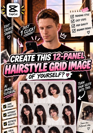 12-panel hairstyle grid image — CapCut easy tutorial