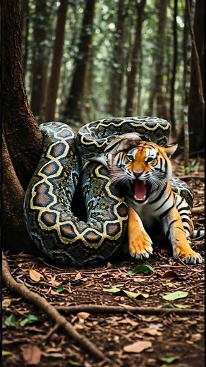 A massive reticulated python wrapping around and swallowing a tiger