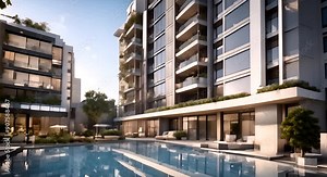 Modern apartment complex design model displayed on architectural blueprint with urban background 4k animation