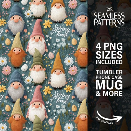 Easter Seamless Pattern PNG - Whimsical Spring Gnomes & Wildflower Garden Background - Digital Scrapbook Paper - Etsy