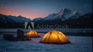 Camping Tent, Winter, Snow, Landscape Scenery, Village, Snowman, Nature Ambience, Outdoor, Snowfall, Snow Falling, Loop Video 4K Background Animation AI