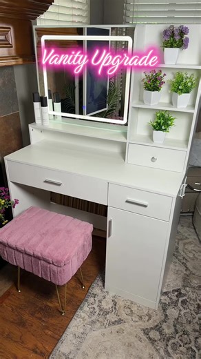 Vanity Desk with Mirror,Makeup Vanity Table, Dressing Table with 2 Drawers & Large Cabinet, 3 Lighting Color Adjustable #vanity #tiktokshopmothersday #tiktokshopstockup #bigdreamsstartsmall