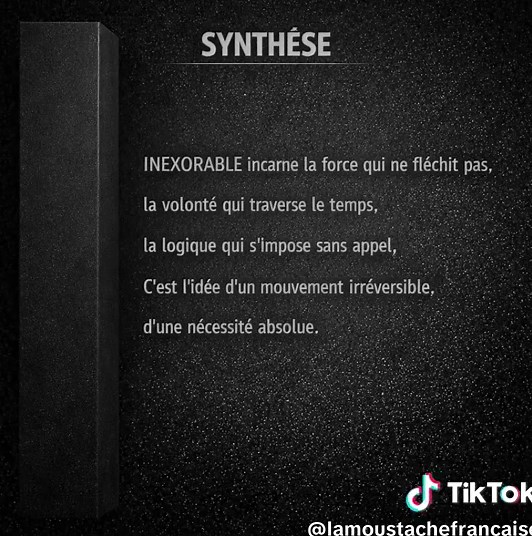 INEXORABLE : un mot qui décrit ce qui ne peut pas être arrêté. En 1 minute, tu découvres son sens, son origine, et comment l’utiliser. Abonne‑toi pour apprendre 1 mot par jour. #motdujour #apprendresurtiktok #culturegenerale #vocabulaire #TikTokÉducatif #definition