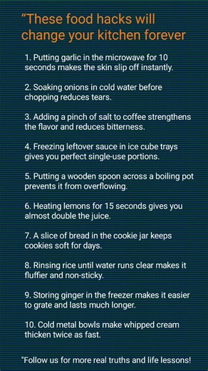 These 10 food hacks will save you time, tears, and tons of effort in the kitchen! 👇 Try one today and thank me later. Follow us for more real truths and life lessons!" "Your kitchen is about to get smarter! These 10 genius food hacks make cooking faster, cleaner, and way easier. From garlic peeling to perfect whipped cream—every trick is pure gold. Save this post & try them one by one! Follow us for more real truths and life lessons!" | bugworkout officel