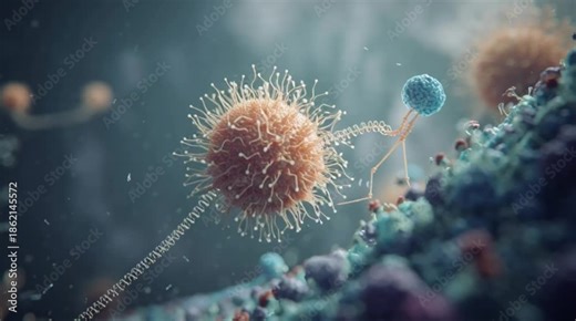 3D animation of bacteriophage virus attaching to a bacterial cell, injecting genetic material, scientific microbiology visualization, clean background”