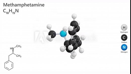 Methamphetamine. A detailed 3d model of molecule. Drug. Molecular formula: C10H15N. Chemical model: Ball and Stick. White background. 3D rendering. Seamless loop