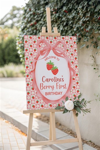 Berry First Birthday Welcome Sign Template, Editable Strawberry 1st Birthday Sign, First Birthday Backdrop, Canva Template - Etsy