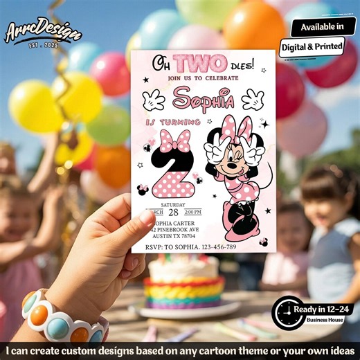 Personalized Minnie Mouse Invitation, Custom Oh Twodles Second Birthday Party Printed or Digital File - Etsy