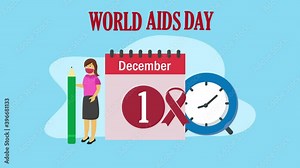 Young woman animation wearing face mask and standing near a calendar date of World Aids Day. Shot in 4k resolution