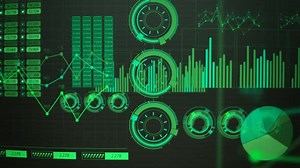 Advanced futuristic graphic interface. Displays abstract diagrams and charts.