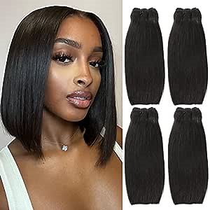 4 Bndles Straight Human Hair 10inch Short Bundles for Short Bob Style Brazilian Virgin Human Hair Straight Bundles for Black Women 50g/Bundle Human Hair Extensions Natural Color(10"10"10"10")